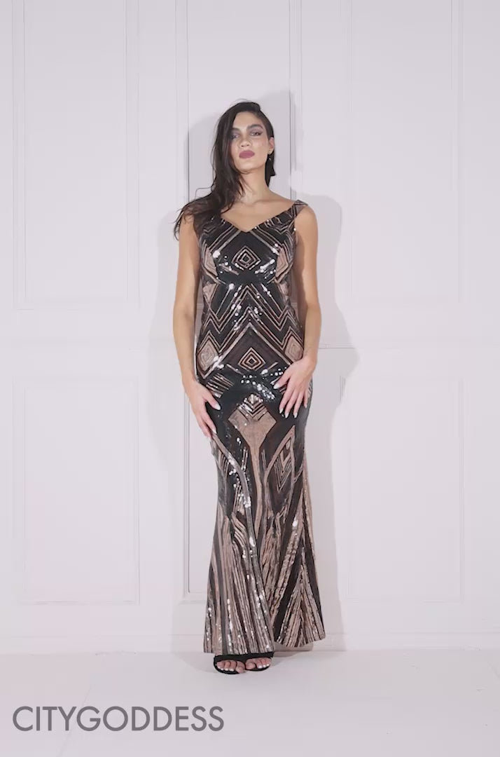 Goddiva Dual Tone Patterned Sequin Maxi dress